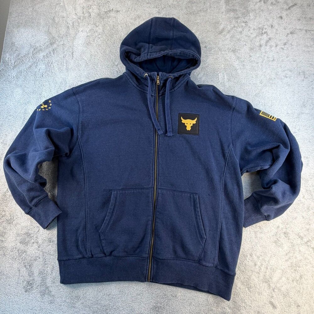 Under Armour Project Rock Hoodie Mens XL Full Zip Brahma Bull Blue Flag